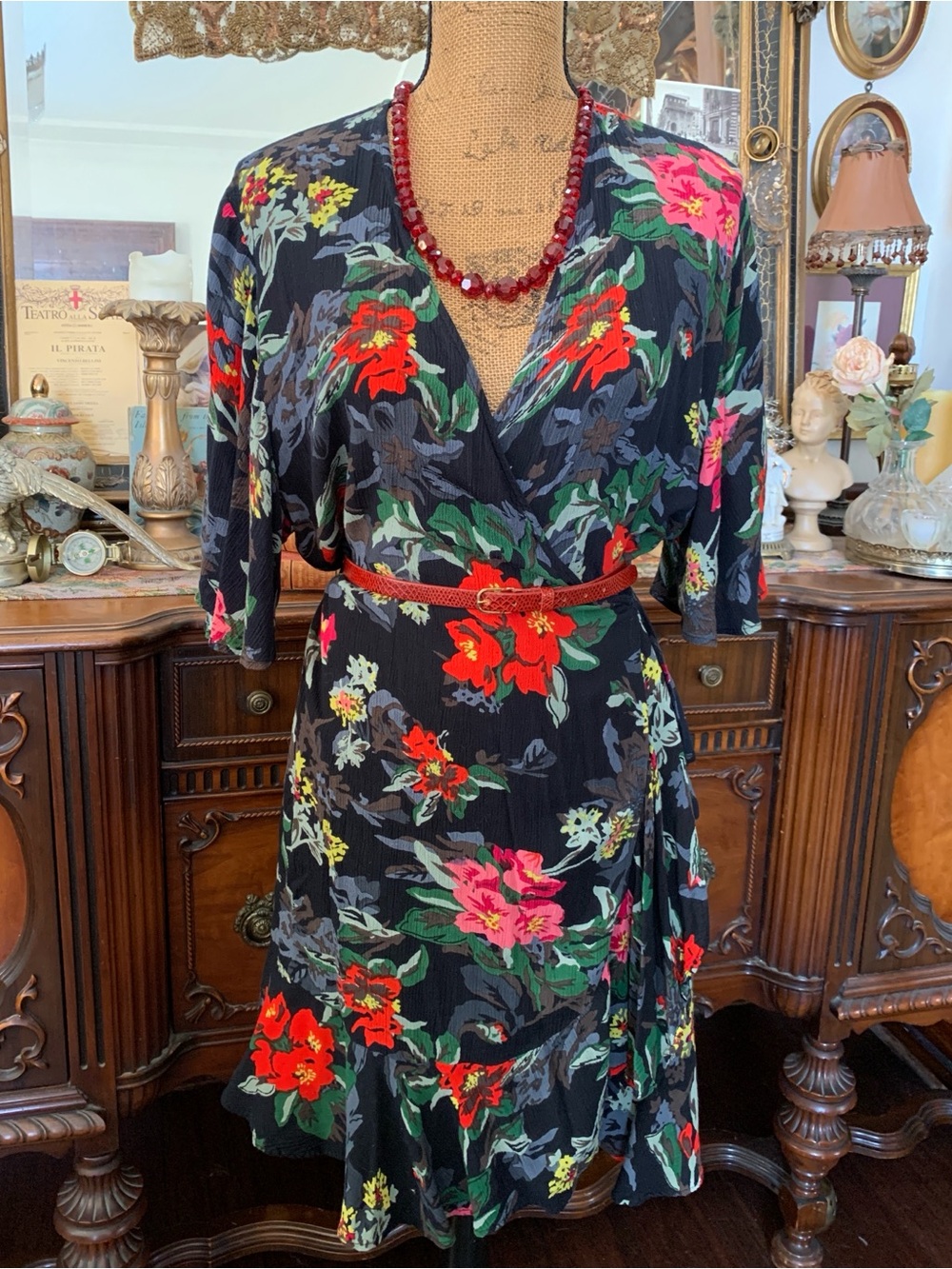 Vintage 40's-inspo Navy Boho Hippie Spring Summer Tropical Floral Wrap Dress